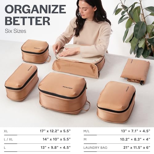Aerotrunk Ultralight Compression Packing Cubes - Lightweight Travel Organizers for Suitcases and Luggage (6-Pack, Mocha)