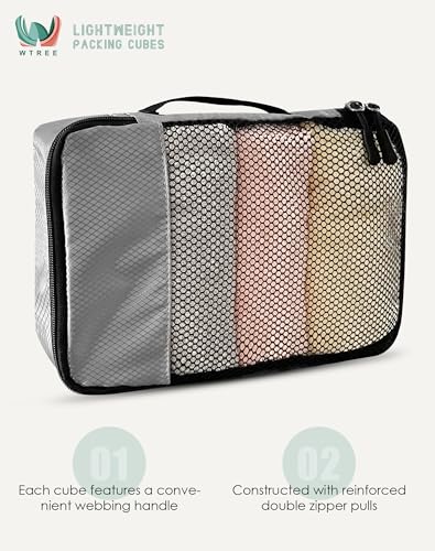 WTREE 4-Piece Packing Cubes Travel Accessories Set for Suitcases - Luggage Organizer Bags with Double Zipper - Mesh Top - Small/Medium/Large/Slim - Grey