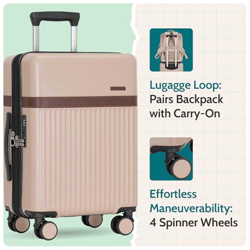 U.S. Traveler Vista Way 3-Piece Travel Set, 21-Inch Carry-on Hardside with TSA Lock, 18-Inch Travel Backpack with Laptop Sleeve, Toiletry Bag, Beige