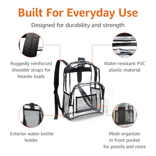 Amazon Basics Transparent Clear School Backpack, Water-Resistant PVC Plastic, Reinforced Shoulder Straps, 17 x 7 x 13 in