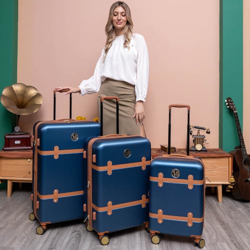 Badgley Mischka Grace 3 Piece Polycarbonate-ABS Expandable Retro Luggage Set (Navy)