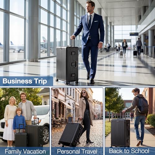 Krute Aluminum Frame Luggage 28 Inch Checked Suitcase With Wheels No Zipper PC Hard Shell Suitcases with Cup Holder and Charger Zipperless Large Travel Luggage