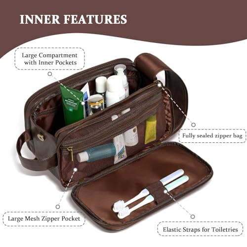 Janhavi Shaving Bag for Men Travel Waterproof, Engraved Initials & Mountain, Make Up Bag,Groomsmen Gifts, Mens Toiletry Travel Bag, Men's Accessories Organizer, Gifts for Him(Dark Brown M)