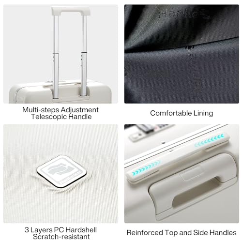 Hanke Grace Hard Shell Suitcases with Wheels,20 Inch Carry On Luggage Airline Approved with Aluminum Frame, Travel suitcase with Front Pocket Travel Luggage for Short Business Trips, Smoke White.