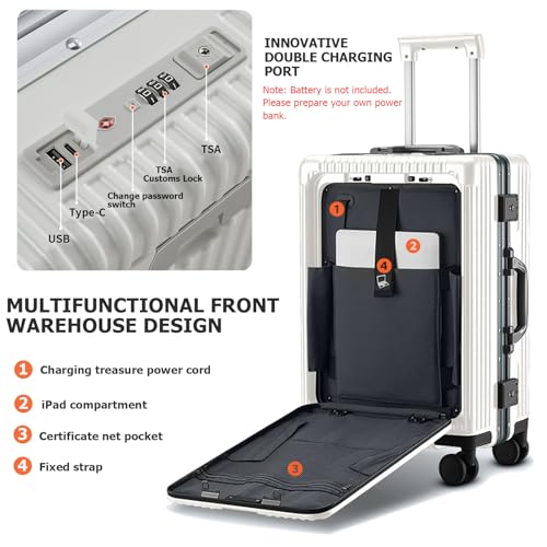feilario Aluminium Frame PC Hard Shell Spinner Wheels Luggage,20.8"X15"X8.7 Airline Approved Built-In TSA lock Carry on Suitcase, with Cup Holder, USB Port, Phone Holder