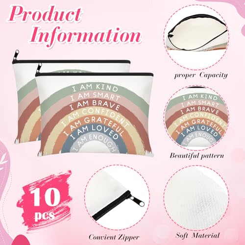 Chunful 10 Pieces Inspirational Canvas Makeup Bags for Women Graduation Gift Rainbow Canvas Cosmetic Bags Bulk with Zipper Friendship Gift Travel Toiletry Pouch(Motivation)