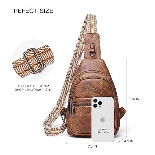 LATMAP Sling Bag For Women Fanny Pack Faux Leather Small Casual Day-pack Backpack Crossbody Chest Bags Purse Waterproof Anti Theft,Brown