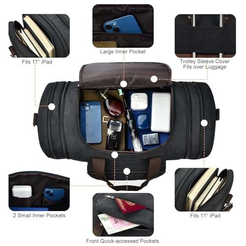 Litvyak Duffle Bag for Travel, 50L Canvas Travel Duffel Bags Overnight Weekend Gym Carry On Luggage Bag for Men & Women(Black+Toiletry Bag)