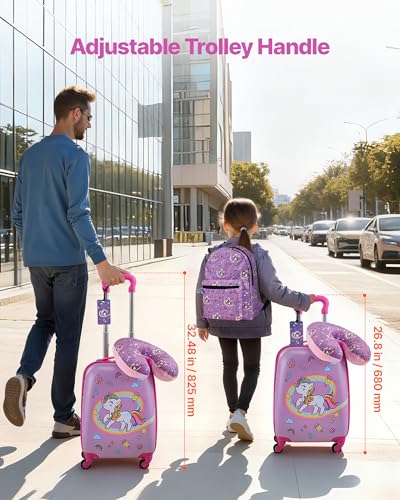 VEVOR Kids Luggage Set, 5 Piece, 18 Inch Hardside Rolling Wheels Suitcase with Backpack & U-shape Pillow, Unicorn Kids Carry on Luggage Set, Holiday Birthday Gift for Girls Boys, Airline Approved