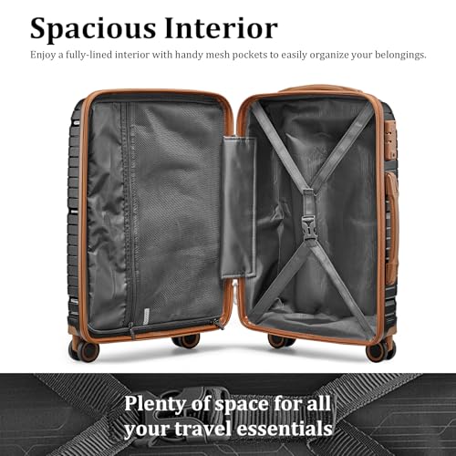Joyway Luggage Sets 5 Piece PP Hardshell Carry on Suitcase, Travel Lightweight Carry-on with Double Spinner Wheels and TSA Lock, Black Brown
