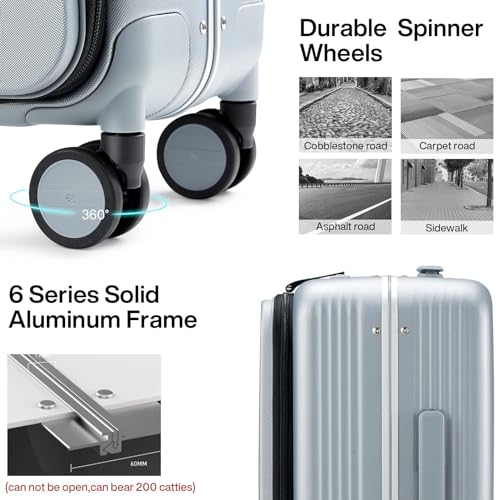 Hanke Grace Hard Shell Suitcases with Wheels,20 Inch Carry On Luggage Airline Approved with Aluminum Frame, Travel suitcase with Front Pocket Travel Luggage for Short Business Trips, Grey.