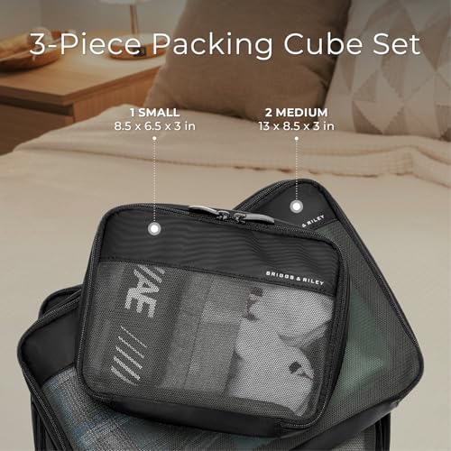 Briggs & Riley Carry On Compression Packing Cube Set - Bag Organizer for Suitcase & Luggage, Travel Essentials for Women & Men, Pack Accessories for Vacation, Maximize Storage Space - 3-Piece, Black