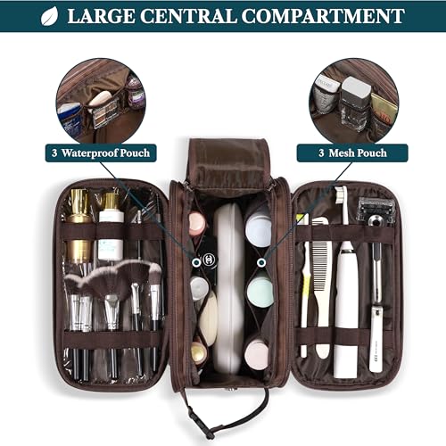 PAVILIA Toiletry Bag for Men, Hanging Travel Dopp Kit Organizer, PU Leather Water Resistant Bathroom Bag for Shaving Grooming, Large Capacity Cosmetic Bag Travel Essentials, Dark Brown