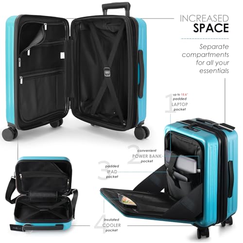 TRAVELARIM 20 Inch Carry On Luggage 22x14x9 Airline Approved, Carry On Suitcase with Wheels, Hard-shell Carry-on Luggage, Durable Luggage Carry-On, Teal Small Suitcase with Cosmetic Case