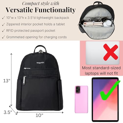Baggallini Securtex® Anti-theft Vacation Travel Backpack 10x13 Slash-Resistant Nylon Daypack w/RFID, Black