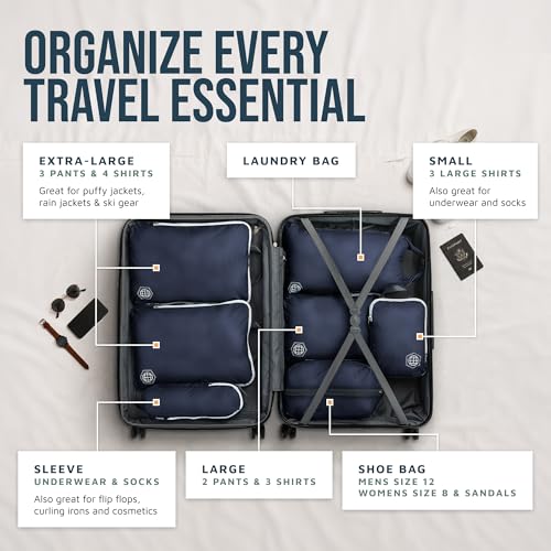 Large Compression Packing Cubes for Travel-Packing Cube Luggage Organizers 7 Piece Set for Checked Luggage-Ultralight, Expandable/Compression Bags by TRIPPED Travel Gear (Navy/White)