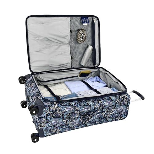 London Fog Mayfair 25 Inch Expandable Spinner Softside Suitcase, Navy White Paisley