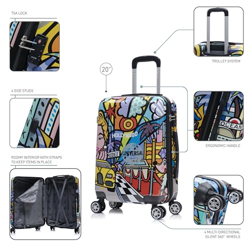 InUSA Hollywood Print Luggage with Spinner Wheels | Durable Lightweight Hardside Suitcase | Travel Bag with Handle and Trolley | 20 Inch Carry-On Spinner Luggage