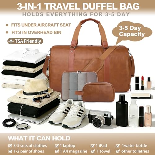 Large 3-in-1 Leather Duffle Bag for Travel Weekender Overnight Hospital Gym Bag for Men & Women, Carry On Airline Approved Personal Item Duffel Garment Bag Luggage with Shoe Compartment & Toiletry Bag