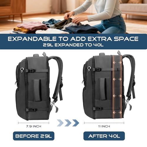 Fxcelets Travel Backpack, Expandable Carry on Backpack for Men, TSA 17.3 inch Laptop Bag Flight Approved, Lightweight Business Luggage Bag, Travel Gifts for Men Women, Black