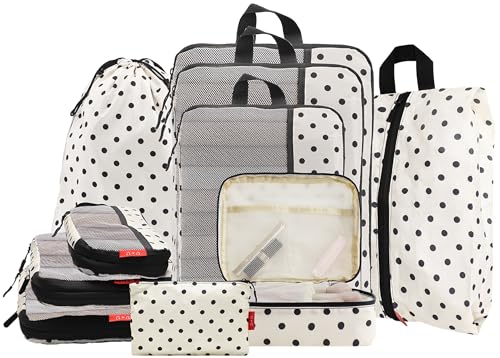 U+U 10 Set Compression Packing Cubes - Travel Organizers with Laundry Bag, Space-Saving Suitcase Organizer, Expandable Packing Organizers for Travel Essentials (Polka Dot)