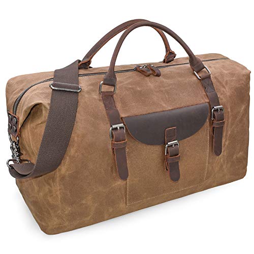 NEWHEY 55L Travel Duffel Bag, Waterproof Waxed Canvas & Leather Weekender Bag for Men, Large Carry-on Overnight Bag for 4-5 Day Business Trips & Weekend Getaways, Brown