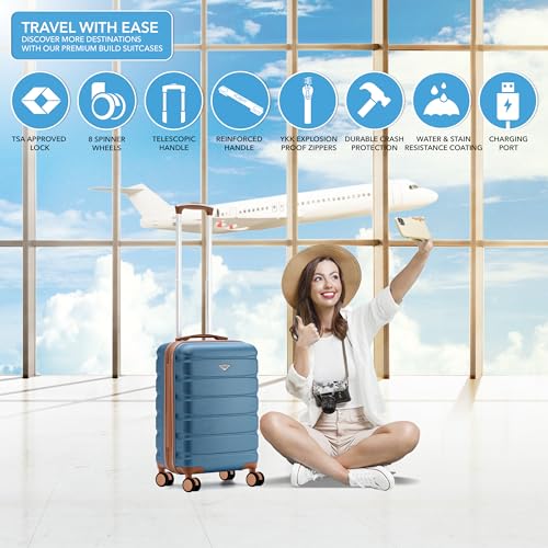 Flight Knight 21.5x15.5x9 Expandable Carry On Suitcase Hardside TSA Lock & USB C Port Lightweight Luggage Silent Double Spinner Wheels Maximum Canada Air Overhead Bag Airlines Approved Blue/Tan