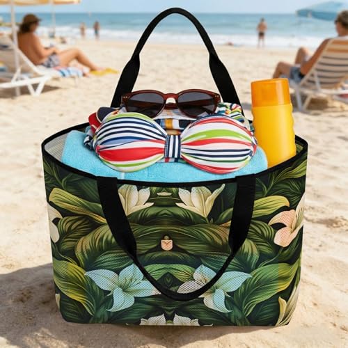White Lily Flower Beach Bag for Women, Large Breathable Mesh Beach Tote Bag, Tropical Bloom Floral Green Leaf Sandproof Lightweight Travel Bags for Vacation Picnic Swimming Pool 15.7"x15.7"x9.1"