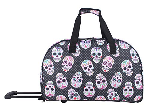 Betsey Johnson Designer Carry On Luggage Collection - Lightweight Pattern 22 Inch Duffel Bag- Weekender Overnight Business Travel Suitcase with 2- Rolling Spinner Wheels (Skull Party)