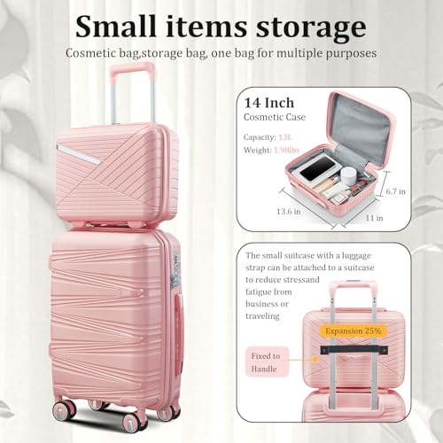 TRAVELEO 4 Piece Luggage Set PP Hardshell, Expandable Suitcase Set (20/24/28) with 14" Cosmetic Case, Lightweight Spinner Wheels with TSA Lock, Detachable Wheels for Nesting Storage (Pink)