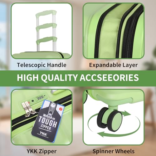 WireHot 5-Piece Luggage Set, Lightweight ABS+PC Hard Shell Suitcase with YKK Zipper & TSA Lock for Family, Avocado Green, 14in/18in/20in/24in/28in