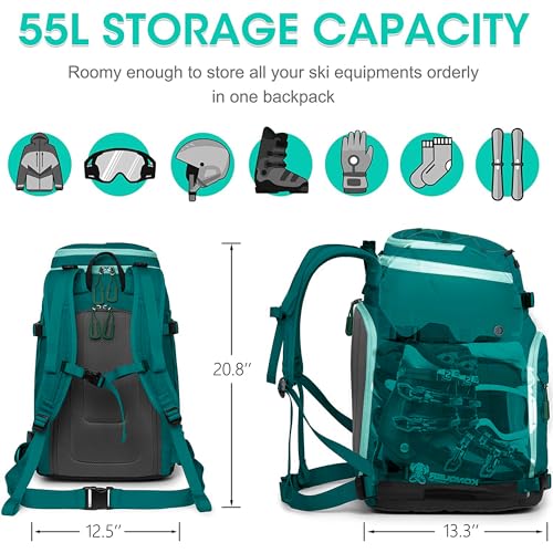 SEMSTY Ski Boot Bag, 55L Waterproof Ski and Snowboard Boots Travel Backpack for Skis, Snowboard, Ski Helmet, Goggles, Gloves & Accessories (Lake Blue)