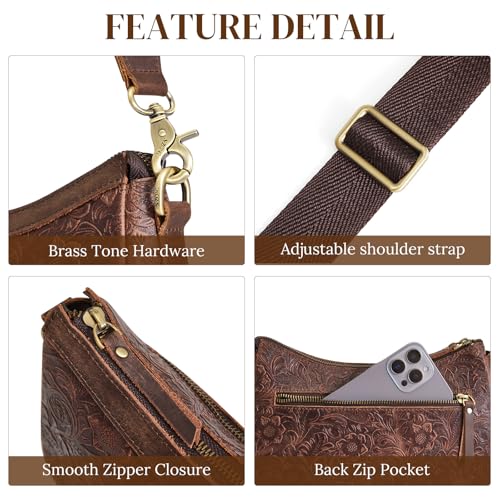 S-ZONE Leather Shoulder Bag for Women Small Crossbody Bags Hobo Purses with 2 Straps (Rose Pattern Dark Brown)