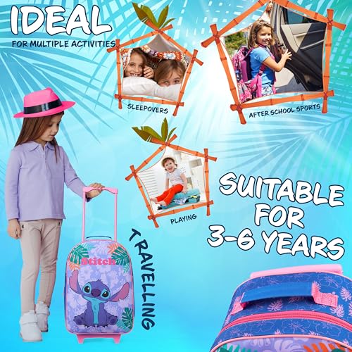 Disney Kids Rolling Luggage 16.0×11.6 in, 16‑L Carry‑On Suitcase with Wheels, Foldable Lightweight Travel Bag, Gifts for Kids (Blue Stitch)