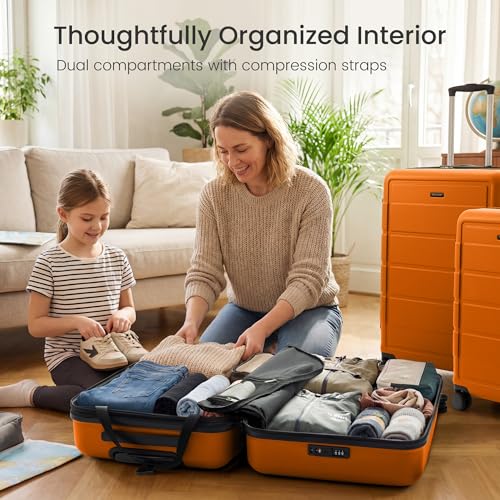 SHOWKOO Luggage Sets Expandable 100% PC Durable Suitcase Sets Double Wheels TSA Lock 4 Piece Luggage Set Orange