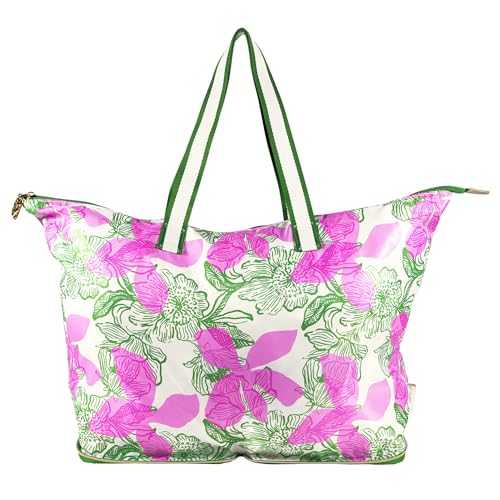 Lilly Pulitzer Large Packable Tote, Reusable Grocery Bag that Packs Into Itself, Tote with Shoulder Strap and Zipper (Sunset Shadows Home)