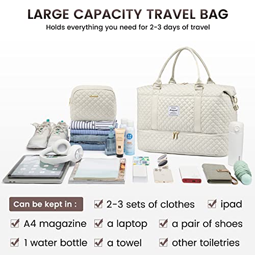 LOVEVOOK Travel Duffle Bag, Weekender Bags for Women with Shoe Compartment, Carry on Overnight Bag with Toiletry Bag, Gym Duffel Bag with Wet Pocket, Hospital Bags for Labor and Delivery, Beige