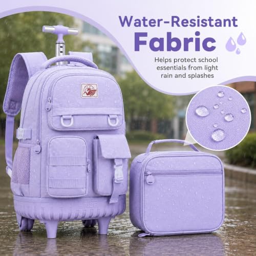 CCJPX Rolling Backpack for Girls Women, 21 inch Roller Wheels School Bookbag, Wheeled Suitcase Backpacks with Lunch Bag for Teen - Purple