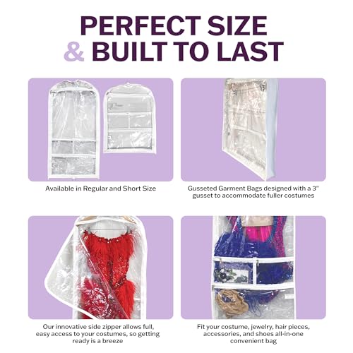 Clear Garment Bags for Dance Costumes 3-Pack, Short-Size, Side Zipper Entry, Storage Pockets for Shoes & Accessories, Size 24”x18”, Dream Duffel