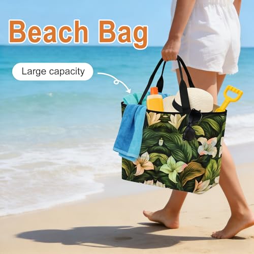 White Lily Flower Mesh Beach Bag, Tropical Bloom Floral Green Leaf Large Tote Bag for Swim Pool Beach Travel