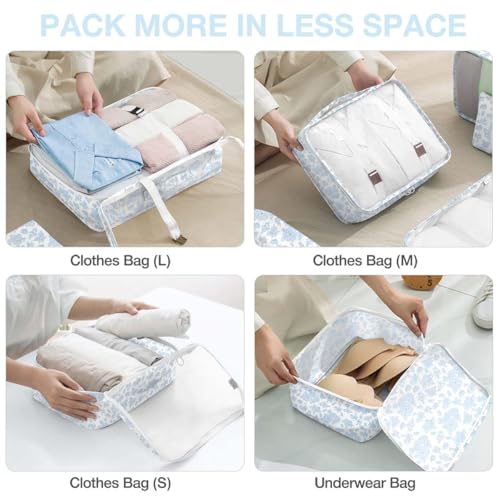 8 Set Packing Cubes for Suitcases,Packing Cube with Shoe, Cosmetics, Clothing, and Accessories Bags Packing Cubes for Travel Luggage Organizer Women Men(Blue Flowers)