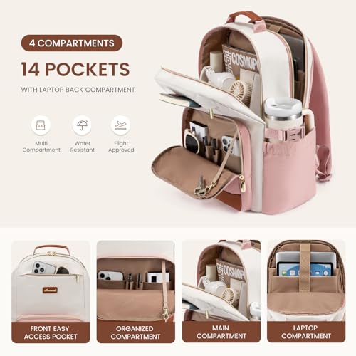 LOVEVOOK Laptop Backpack for Women with Pouch Pocket for Large Capacity Cup,15.6 Inch Teacher Nurse College Work Backpack Purse,Waterproof Laptop Bag Computer Back Pack for Travel, Beige-Pink-Brown