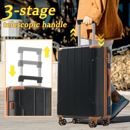 Merax Luggage Set 3 Piece, Hard Shell Suitcase Set with Spinner Wheels, Lightweight and Durable, Telescoping Handle, Carry On Luggage for Business and Vacation Travel (Black Brown)