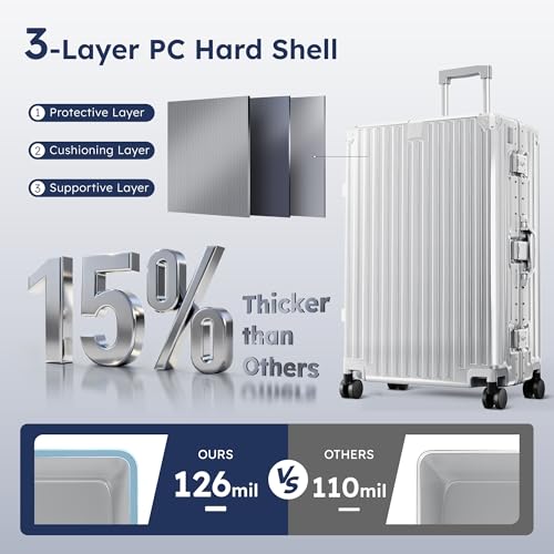 ALPHA CAMP Checked 28 Inch Luggage, Thickened Aluminum Frame Luggage with TSA Spinner Wheels, 3-Layer PC Hard Shell Zipperless Travel Suitcase, TypeC USB Charging Port, Cup Holder,Silver