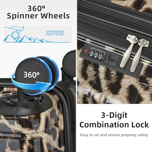 LARVENDER Luggage Sets 5 Piece Hardside Expandable Suitcase with Wheels Lock,PC+ABS Hardside Lightweight Rolling Suitcase for Women and Men,Cheetah