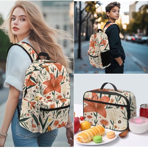 Warmkitty Pastoral Lily Blooms Print Colorful Pattern Kids Backpack Set 2pcs School Bookbag with Lunch Box for Boys Girls