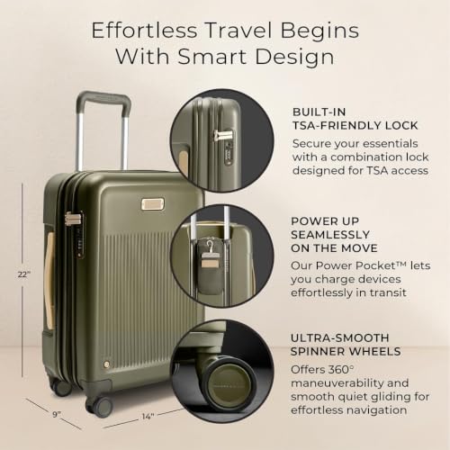 Briggs & Riley Essential 22 Inch Carry-On Expandable Spinner - Expandable Hardside Carry-On Luggage with CX Compression Technology - TSA Lock - Spinner Wheels - Sympatico Collection - Olive