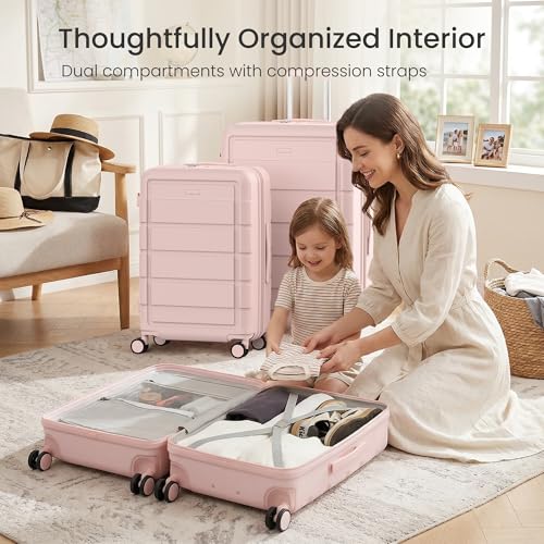 SHOWKOO Upgrade Luggage Sets 3pcs 100% PC Durable Expandable Luggage Suitcase with TSA Lock Double Wheels Pink