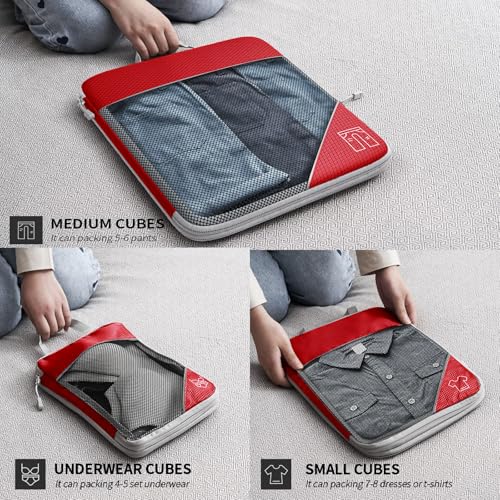 BTBAG 9-Set Packing Cubes with Hanging Bag | 9-Size Combination, Mesh Fabric & Reflective Stripe | Travel Luggage Organizers (Red)