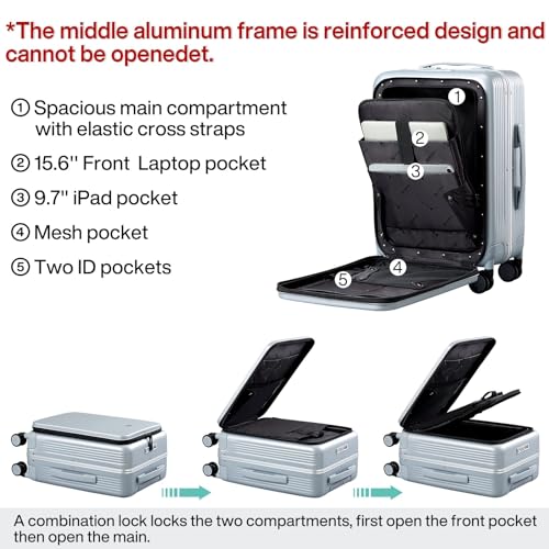 Hanke Grace Hard Shell Suitcases with Wheels,20 Inch Carry On Luggage Airline Approved with Aluminum Frame, Travel suitcase with Front Pocket Travel Luggage for Short Business Trips, Grey.